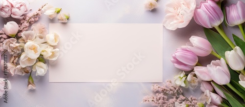 A flat lay image featuring a postcard mockup with a lovely bouquet of spring flowers leaving room for text. Copy space image. Place for adding text and design