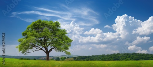 Copy space image of a vibrant green tree and a withered tree surrounded by the stunning backdrop of a clear blue sky with scattered clouds in a garden