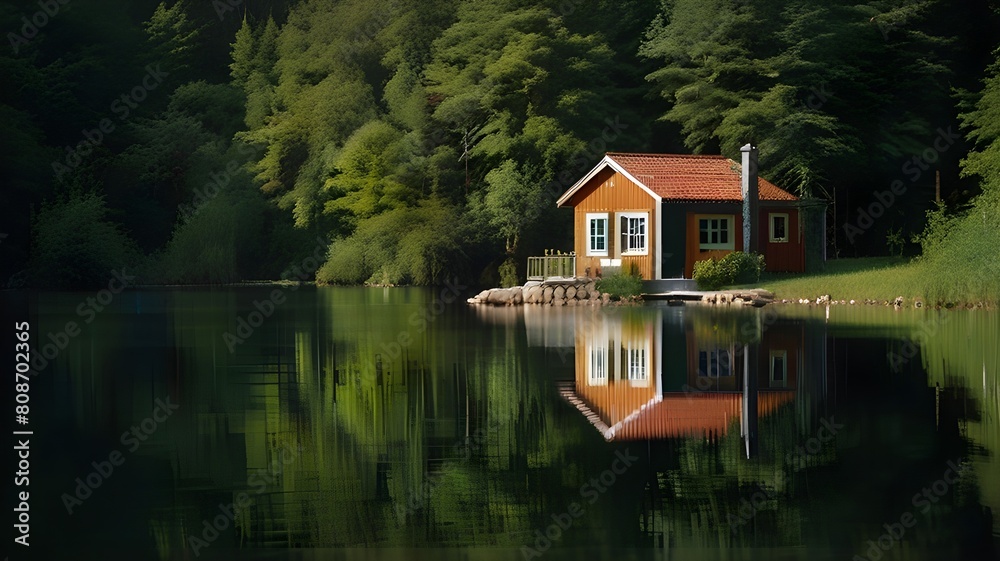 quaint tiny lakeside holiday home with a mirror. There are lush woodlands all around the lake.
