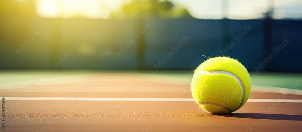 Copy space image of a tennis sport composition with a vibrant yellow tennis ball and racket on a tennis court promoting a sporty and healthy lifestyle