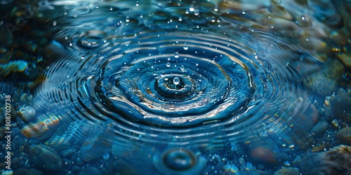 Blue water circles surface with rings and ripples from drop splash