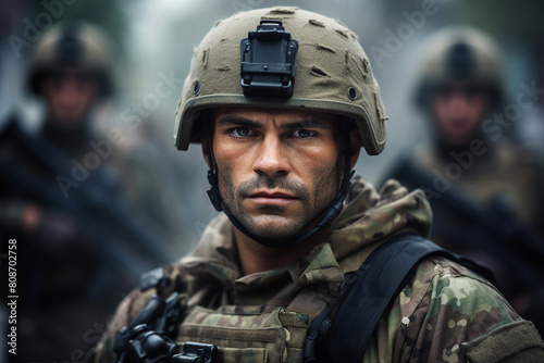 Generative ai photo of soldiers in combat gear against the background of military equipment
