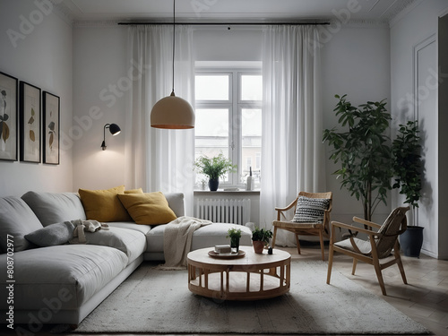 A scandinavian living room,white tone illustration © AMORNRAT