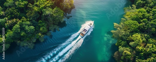 Aerial view of speed boat cruising along the river in Phang Nga Bay, Thailand. photo