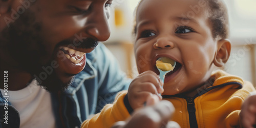 Vater füttert kleines Kind mit Löffel photo