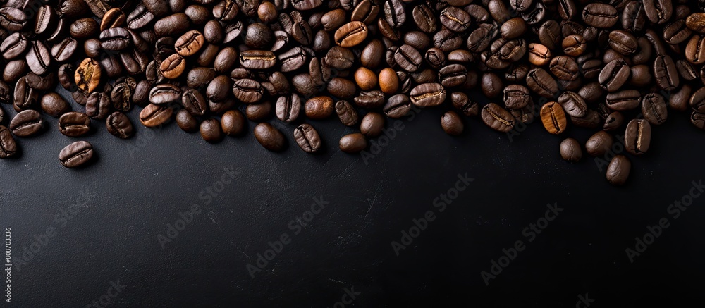 Flatlay view of coffee beans arranged on a black stone background creating a composition with plenty of copy space for an image Flatlay view of coffee beans arranged on a black stone background creating a composition with plenty of copy space for an image