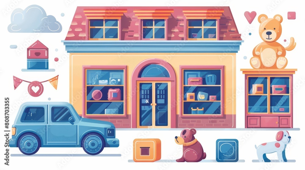 This toy store kid gift illustration is a cute modern illustration of a child's gift. There is a clipart collection of car, teddy, cube, puppy and kid gifts on a white background. Toyshop element for