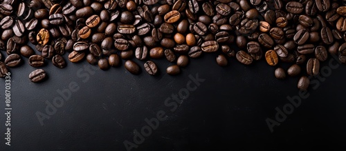 Flatlay view of coffee beans arranged on a black stone background creating a composition with plenty of copy space for an image