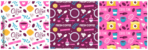 Coffee Time Seamless Pattern Design With Cacao Beans, Grains and Jug in Cartoon Flat Illustration