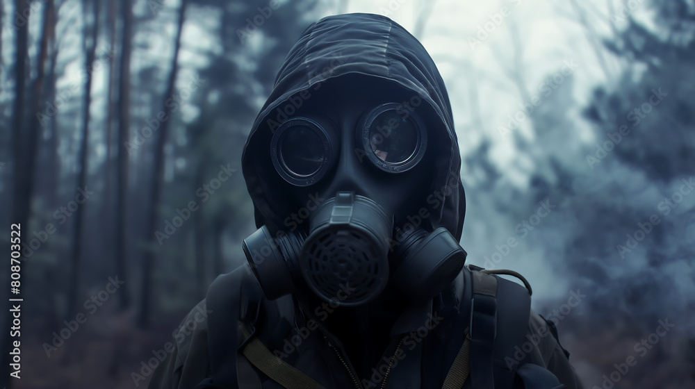 A man in survivor in gas mask, Environmental disaster, Post apocalyptic survivor, Armageddon concept A man in survivor in gas mask, Environmental disaster, Post apocalyptic survivor, Armageddon concept