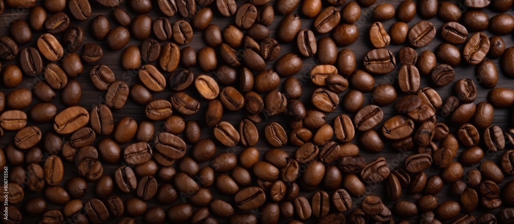Top view of a background consisting of dark roast coffee beans with copy space image