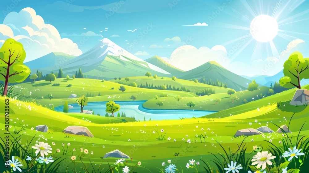 Animated spring mountain landscape illustration with green fields and lakes. Sunny rural village valley near river and pasture farmland backdrops.