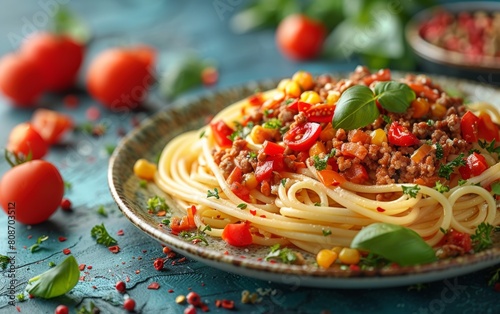 a plate of spaghetti bolognese asta with sauce, tomatoes, basil and parmesan. Traditional Italian cuisine with fresh basil leaves and grated parmesan cheese viewed low angle from the side on a rustic 