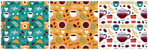 Coffee Time Seamless Pattern Design With Cacao Beans, Grains and Jug in Cartoon Flat Illustration