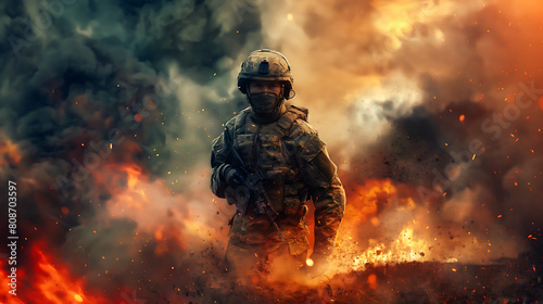A soldier in the middle of a war zone, war with fire and flames and explosions, Soldier in uniform with helmet, Ruins and destruction