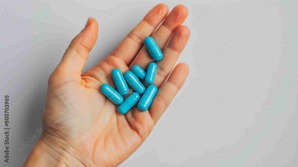 Blue capsule pill into left hand on white background. medicine concept design.
