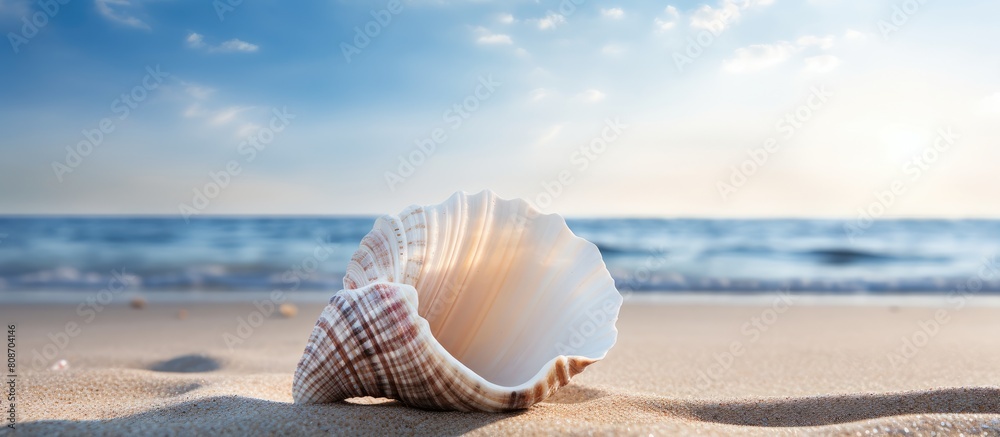 A shell lying on a sandy beach serving as a summer symbol with ample copy space in the image A shell lying on a sandy beach serving as a summer symbol with ample copy space in the image