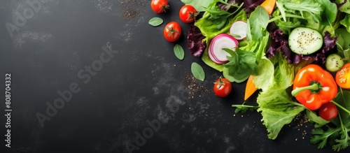 A top view image of a healthy salad with lettuce leaves and various vegetables The image provides a copy space for text and can be used as a background for food related concepts like healthy eating k