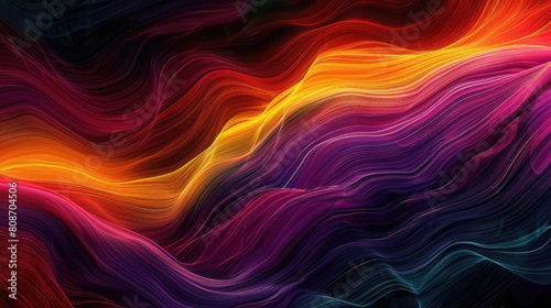 Dark Grainy Color Gradient Wave Background: Grainy Orange Purple Red Yellow Green Colors for Banner Poster Cover Abstract Design with Copy Space