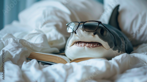 Cute shark with glasses reading a book. photo