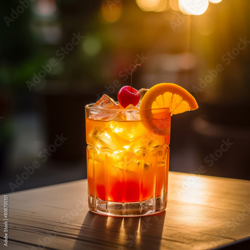 Tequila sunrise orange summer cocktail. Exotic tasty cocktail.