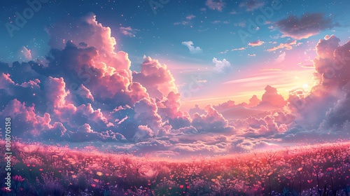 A children’s book illustration style depicting a fantastical sky filled with cotton candy clouds over a whimsical landscape. © LuvTK