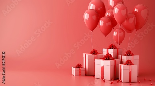 Red balloons and presents on a pink background.