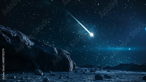 Meteor glowing as it enters the earth atmosphere, An asteroid in the dark sky, Comet, Meteorite falls to the ground against a starry, Meteor rain