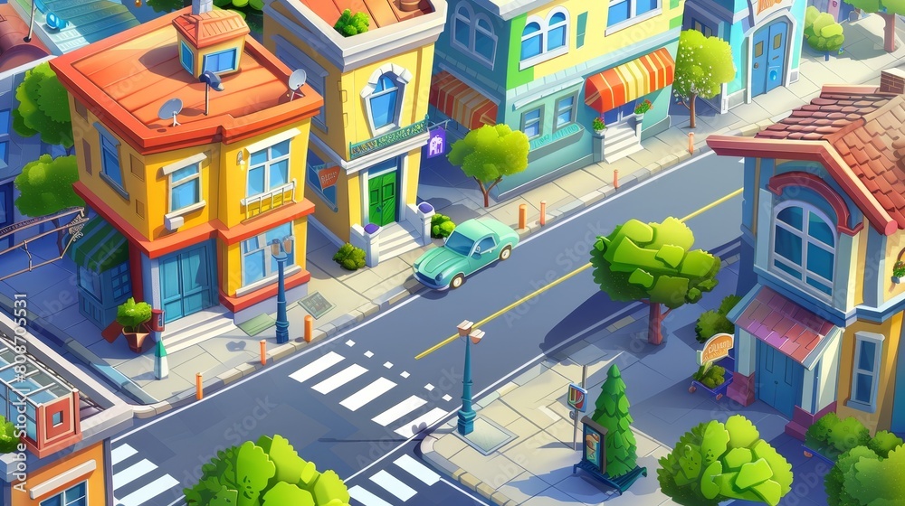 Modern illustration of a city street street cartoon shop building with a skyscraper view. An isometric illustration of an apartment near a tram in a sunny day. Retro 2D graphics.