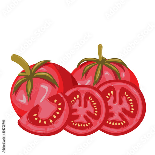 Fresh red tomatoes and slice tomatoes.Organic food. Applicable for ketchup, juice advertising.  Can be used for menu, packaging, textiles. Vector illustration
