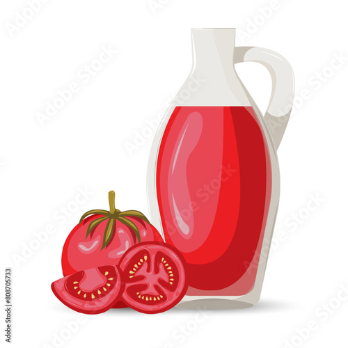Fresh red tomato, slice tomatoes and  juice bottle.Organic food. Applicable for ketchup, juice advertising.  Can be used for menu, packaging, textiles. Vector illustration