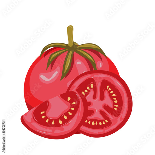 Fresh red tomato and slice tomatoes.Organic food. Applicable for ketchup, juice advertising.  Can be used for menu, packaging, textiles. Vector illustration