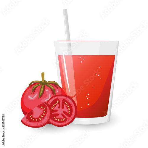 Fresh red tomato, slice tomatoes and  juice glass.Organic food. Applicable for ketchup, juice advertising.  Can be used for menu, packaging, textiles. Vector illustration