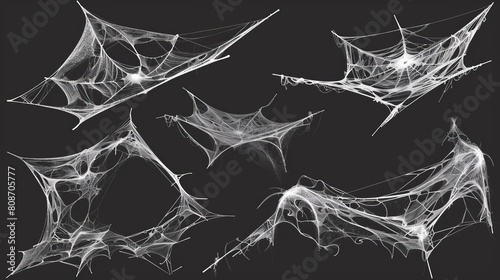 The Halloween line cobweb effect modern horror corner frame set. Spiderweb creepy thread graphic texture isolated natural illustration for advertising. 3d realistic arachnid cobwebby border design. photo