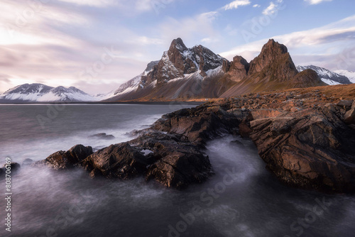 Eystrahorn and Hvalnes Beach at the southeast tip of Iceland during sunset in autumn photo