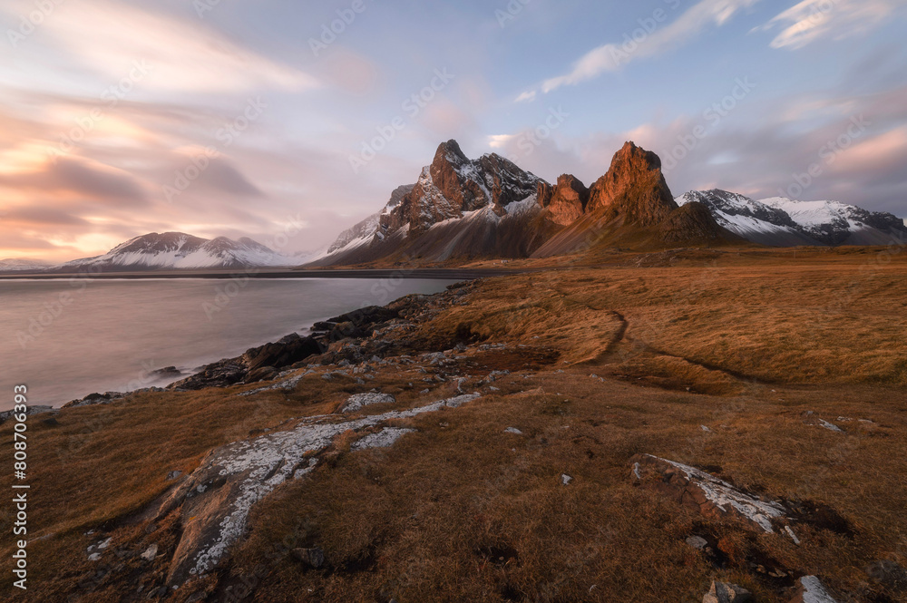 Eystrahorn and Hvalnes Beach at the southeast tip of Iceland during sunset in autumn