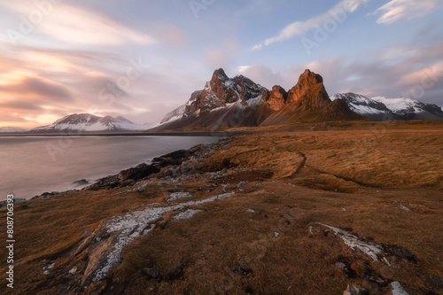 Eystrahorn and Hvalnes Beach at the southeast tip of Iceland during sunset in autumn photo