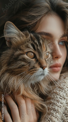 AI generated illustration of a woman snuggles with a fluffy cat in her lap
