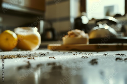 Ants exploring and feasting on grains of sugar spilled on a kitchen counter, with kitchenware in the background