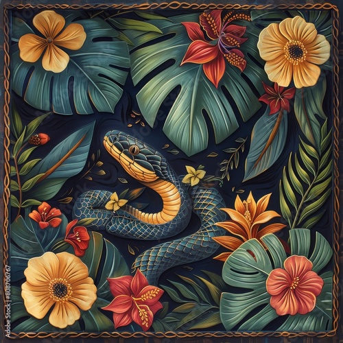 4K high-definition wallpaper  vibrant jungle scenes  large leaves  and surreal animal illustrations. There is a coiled cobra in the center  left blank  surrounded by lush green foliage and colorful pl
