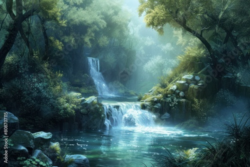Sparkling Beautiful fantasy river. Magic nature. Generate Ai