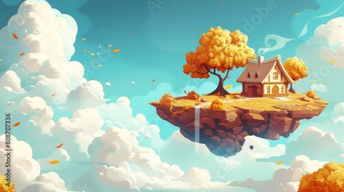 This cartoon illustration shows a fantasy house floating in an autumn sky on a rock platform flying high in the clouds with a small hut on top. Suitable for video games and other digital media. photo