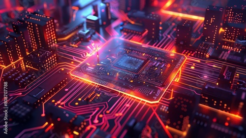 Computer chip rests on motherboard in a city of technology and engineering