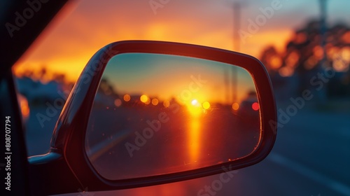 The sun reflects in vehicles rearview mirror, casting an amber glow in the sky photo