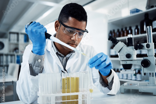 Obraz na płótnie Indian man, liquid or scientist in laboratory for science innovation, life expectancy or antiaging medicine