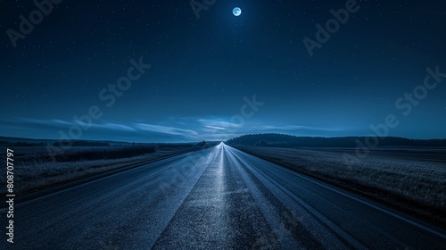 Full moon illuminates road at night, creating mystical atmosphere