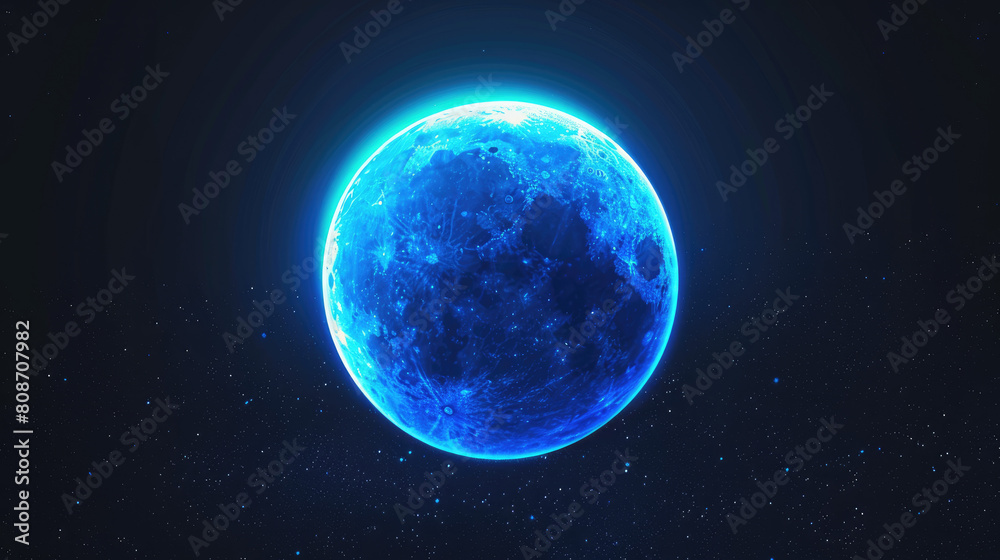 Glowing Blue Gradient Sphere on Black Background: Moonrise Abstract with Grainy Noise Texture Effect for Poster Design