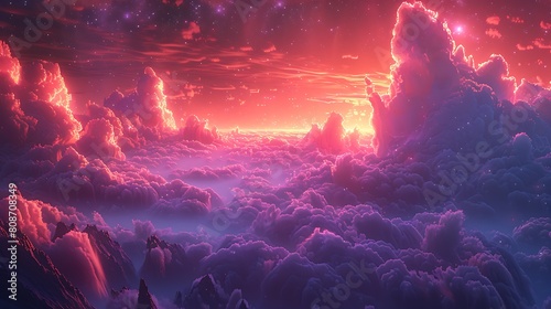 A cinematic portrayal of cyber haze, featuring ethereal clouds in lavender floating over a neon-lit digital landscape, creating a mesmerizing and immersive digital world.