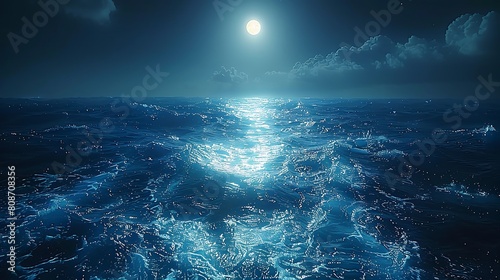 A cinematic shot of a deep blue ocean with flashes of sapphire light streaming through the water  mimicking the vibrant and dynamic nature of ocean currents under moonlight.