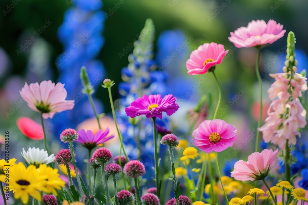 Blooming Summer garden flowers. Nature wild. Generate Ai